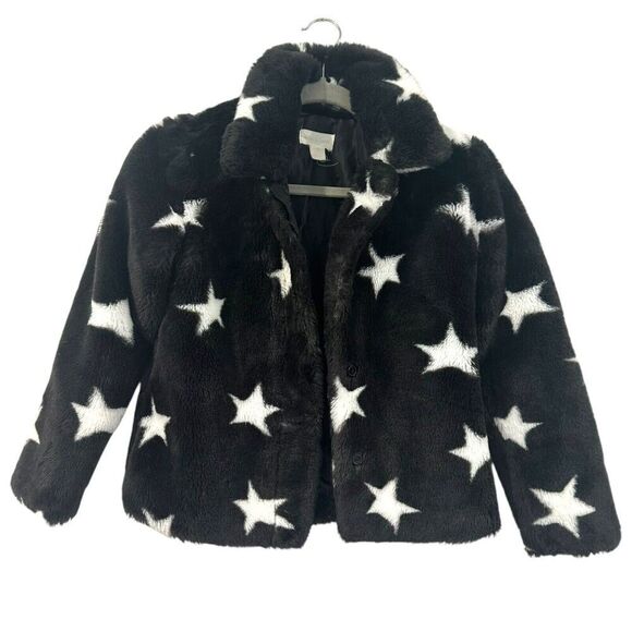 Girls Star Print Faux Fur Jacket Black White Soft 10/12 Large (See Measurements) - Picture 1 of 5